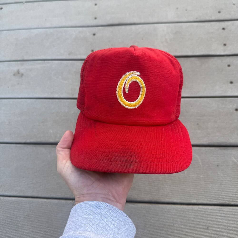 Vintage 80's Red Orange Midwest Farming Farmer Trucker Snapback Hat Cap Retro